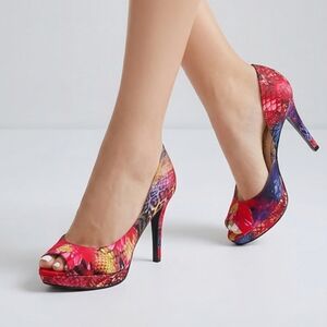 Nine West Floral Open Toe Platform Pumps